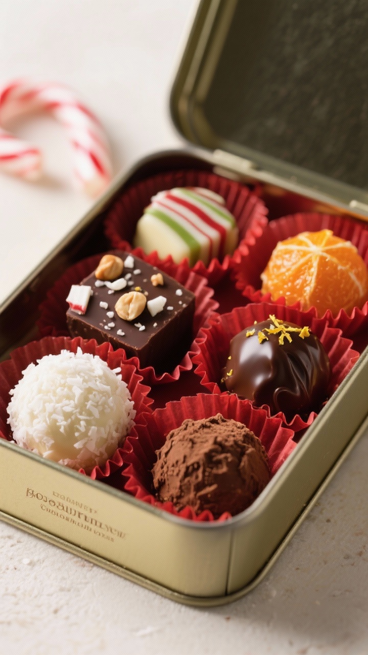 Final dish presentation: Boutique-style gift tin lined with red parchment cups, assorted truffles ar
