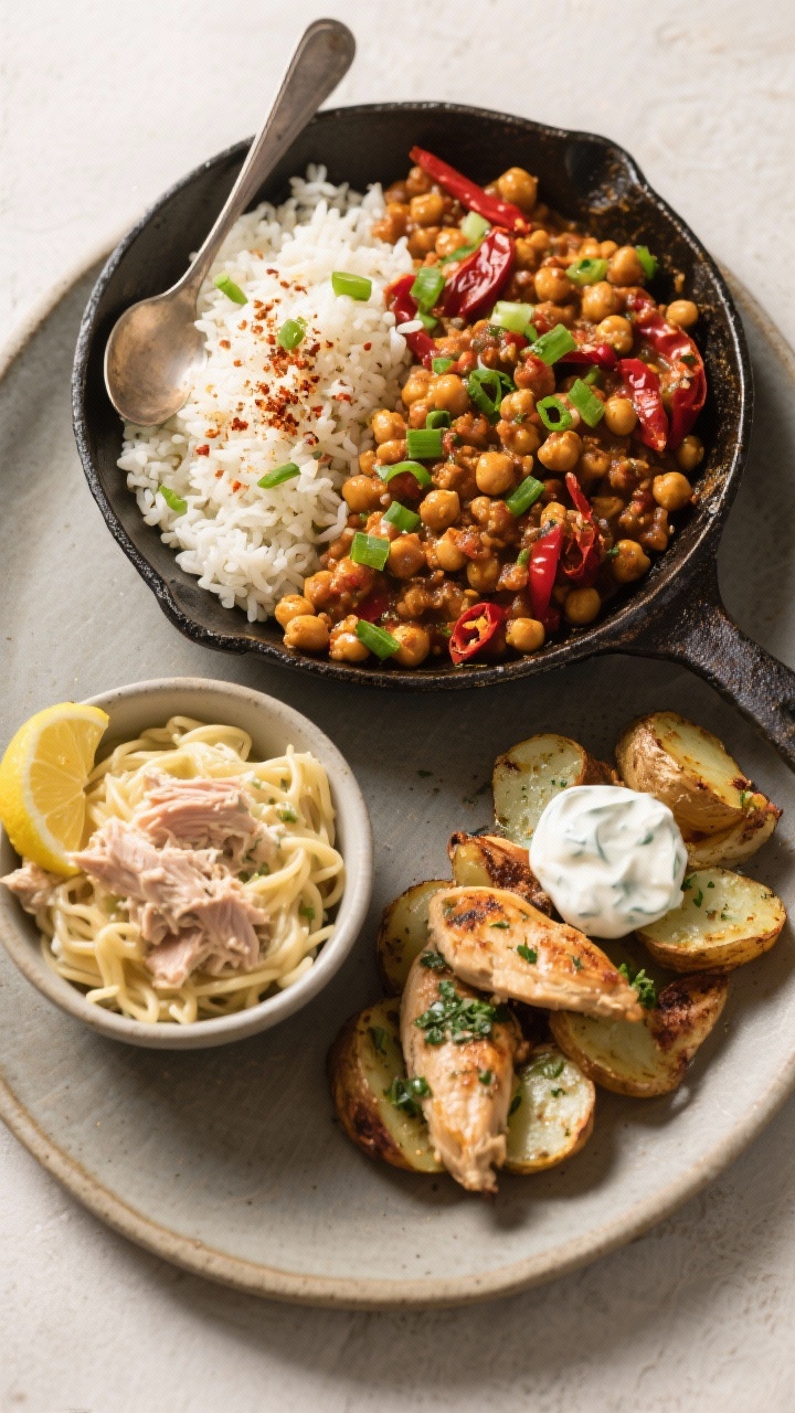 Final dish presentation: Budget-friendly dinner plate trio featuring the One-Pan Smoky Chickpea Skil