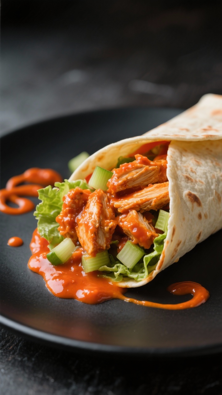 Final dish presentation: Buffalo chicken wrap sliced on the bias, cross-section facing camera; warm 