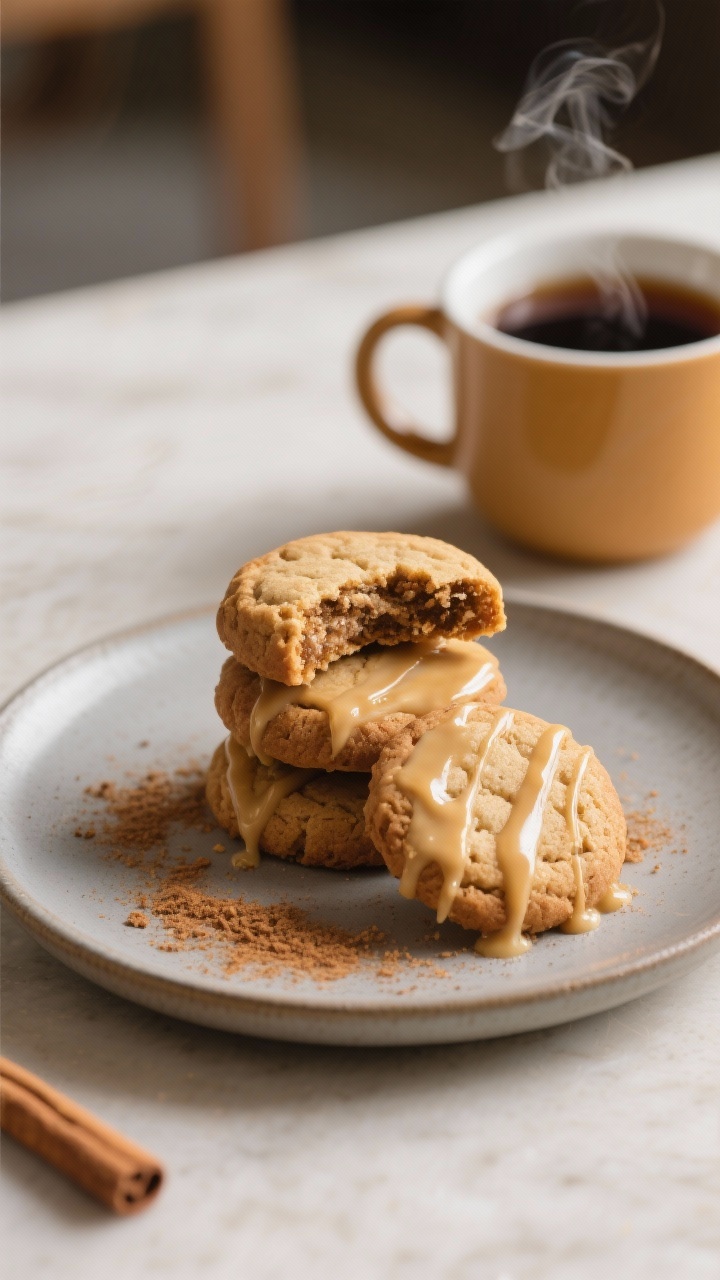 Final dish presentation: Café-style plate with three stacked chai spiced cookies, one broken to rev