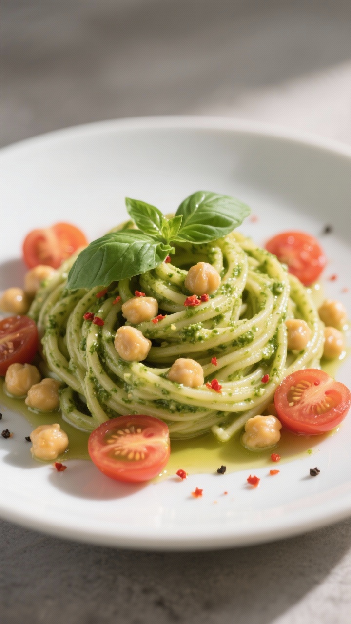 Final dish presentation: Chickpea pasta with creamy edamame pesto twirled into a neat nest on a matt