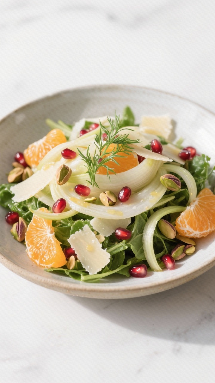Final dish presentation: Citrus-fennel winter salad in a wide, shallow ceramic bowl, layers of mixed