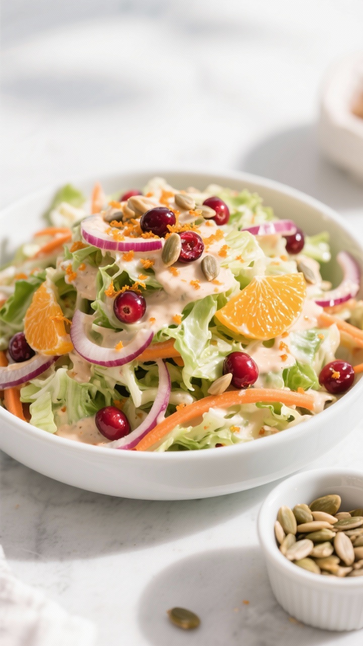 Final dish presentation: Cranberry-orange holiday slaw piled high in a wide, low white bowl, overhea