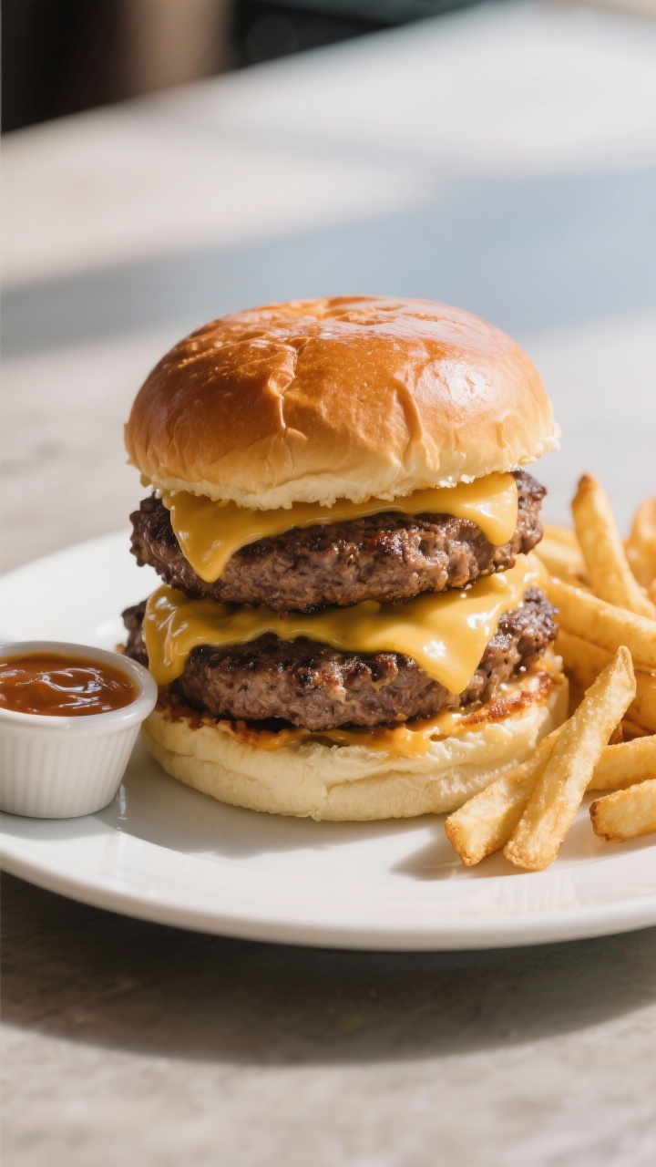 Final dish presentation: Double smash-burger variation—two thin patties with lacy, crispy edges, s
