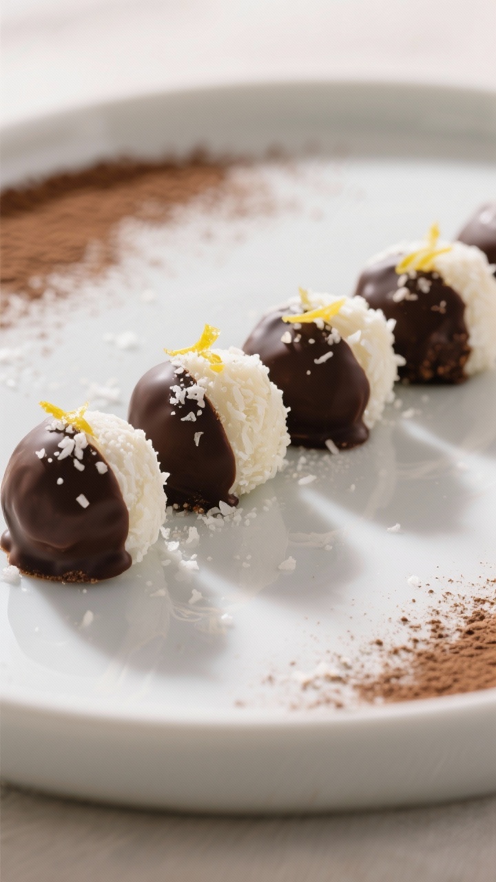 Final dish presentation: Elegant plate of coconut truffles dipped halfway in dark chocolate, finishe