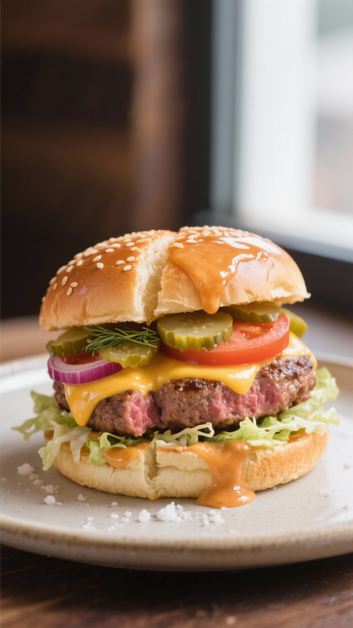 Final dish presentation: Fully assembled classic cheeseburger on a sesame bun—bottom bun with a sw