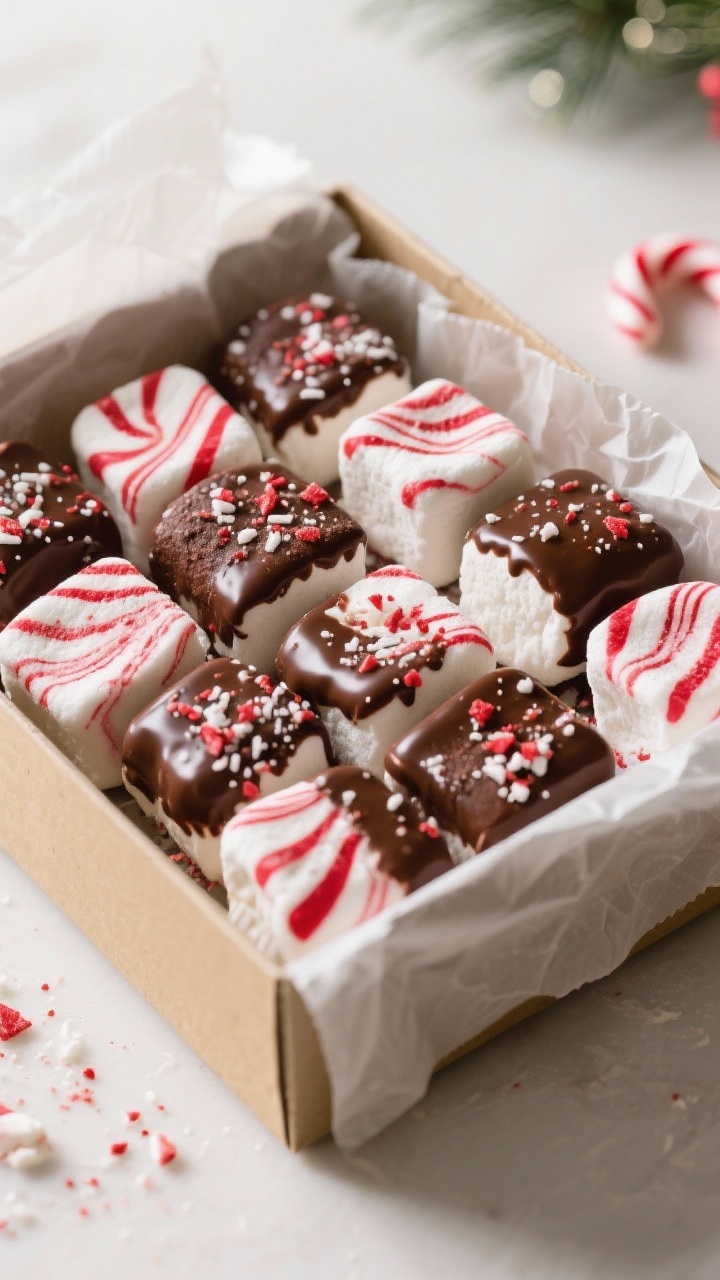 Final dish presentation: Gift-ready Christmas Candy Cane Marshmallows arranged in a boutique-style b
