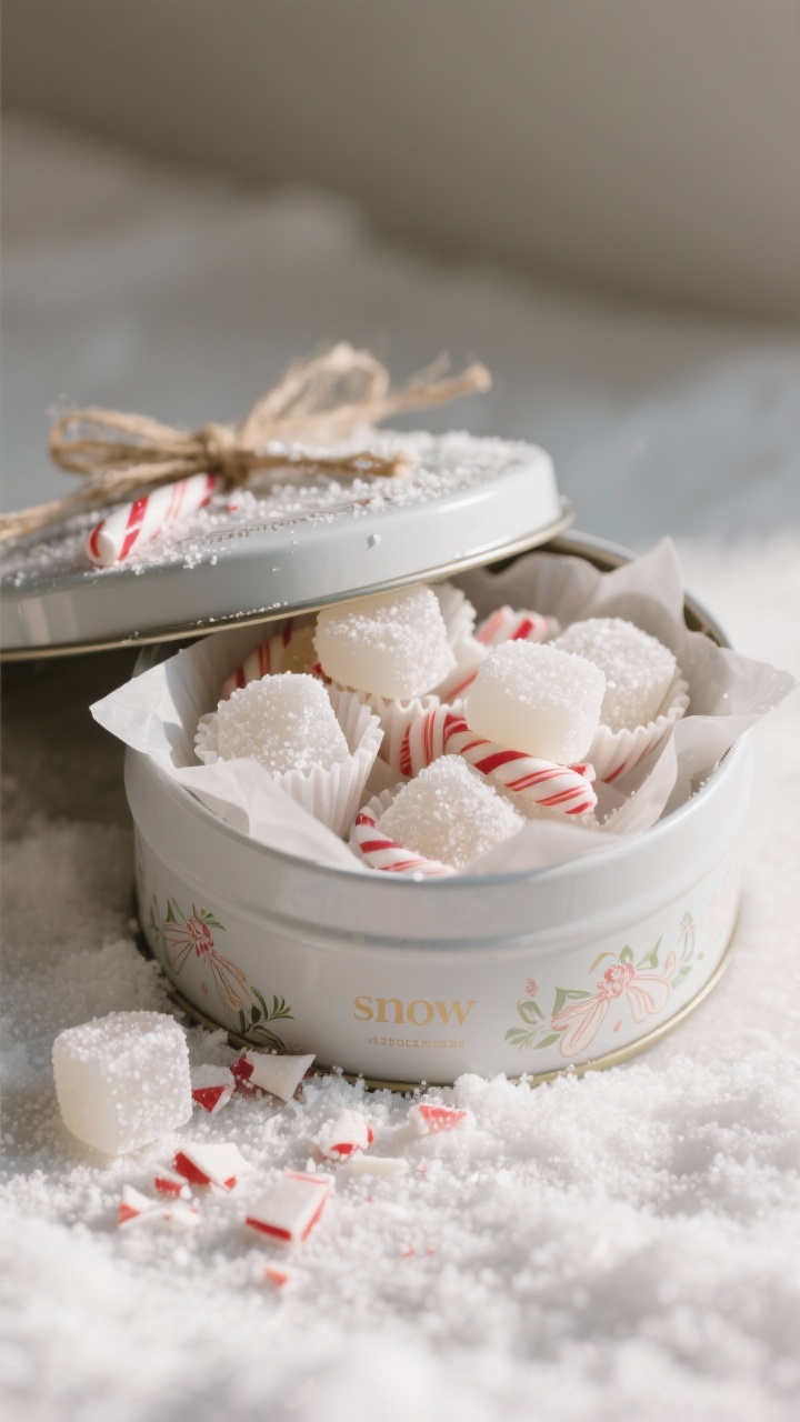 Final dish presentation: gift-ready peppermint “snow” gumdrops (opaque, frosty-white) tossed in 