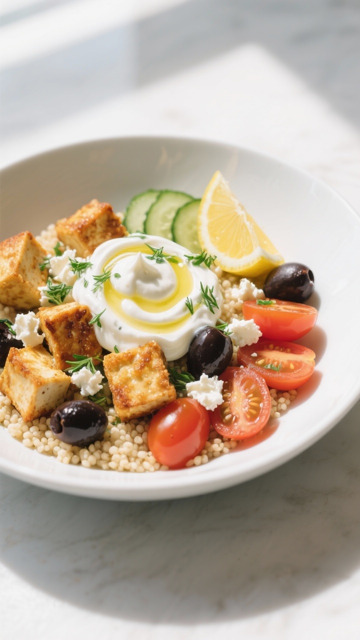 Final dish presentation: Greek Bowl with crispy tofu—beautifully plated on a wide white bowl: gold