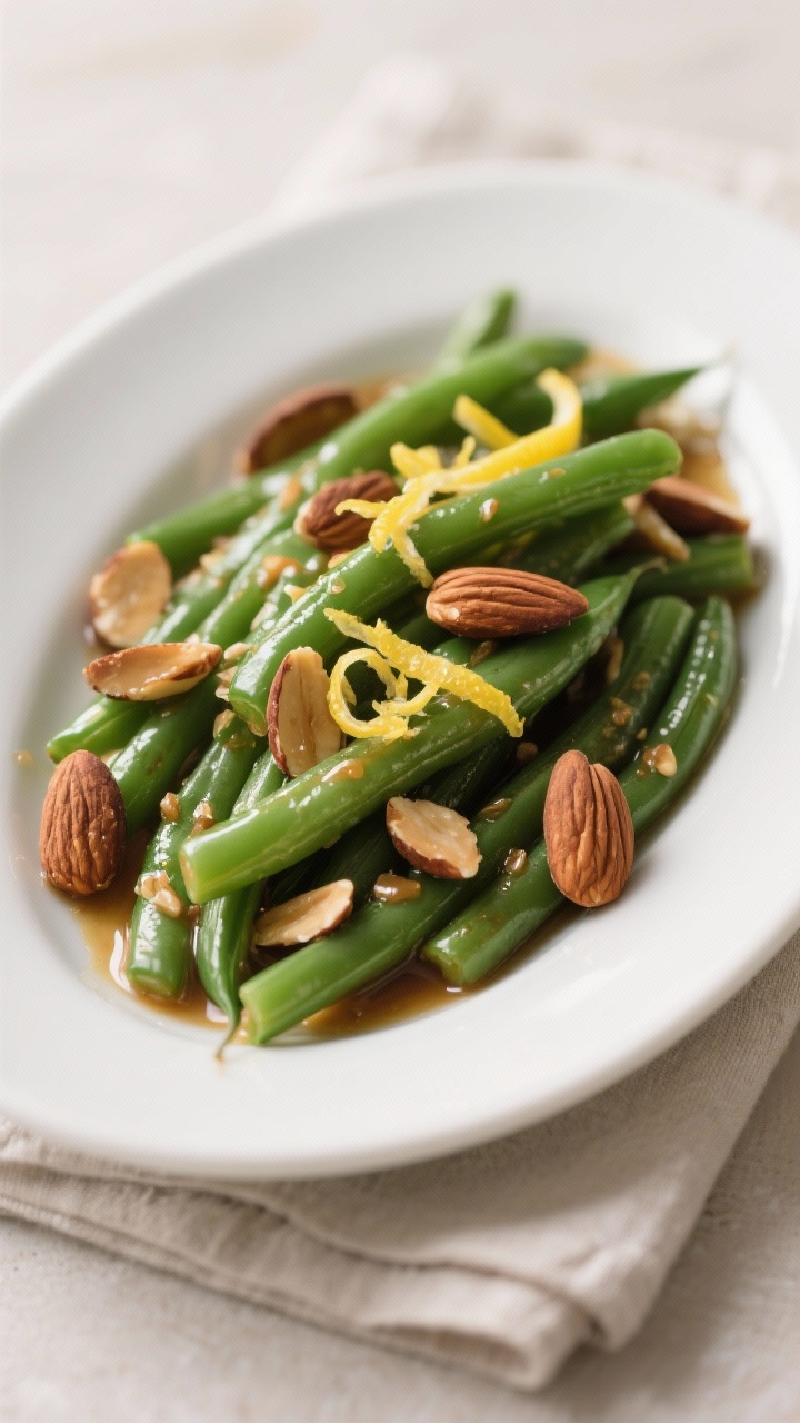 Final dish presentation: Green beans with brown butter, almonds, and lemon zest plated on a white ov