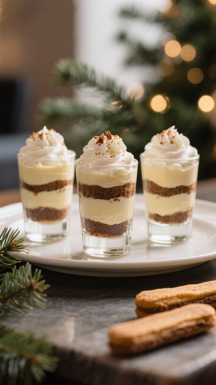 Final dish presentation: Individual Eggnog Tiramisu Cups layered in clear glass tumblers—espresso-