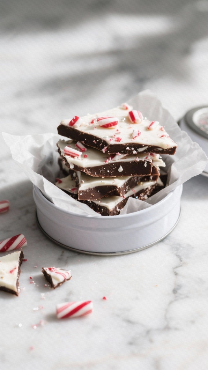 Final dish presentation: Irregular shards of classic peppermint bark stacked in a matte white tin li