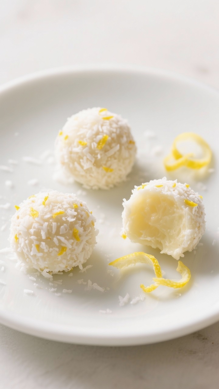 Final dish presentation: Lemon coconut bliss bites plated as a neat trio on a small white ceramic pl