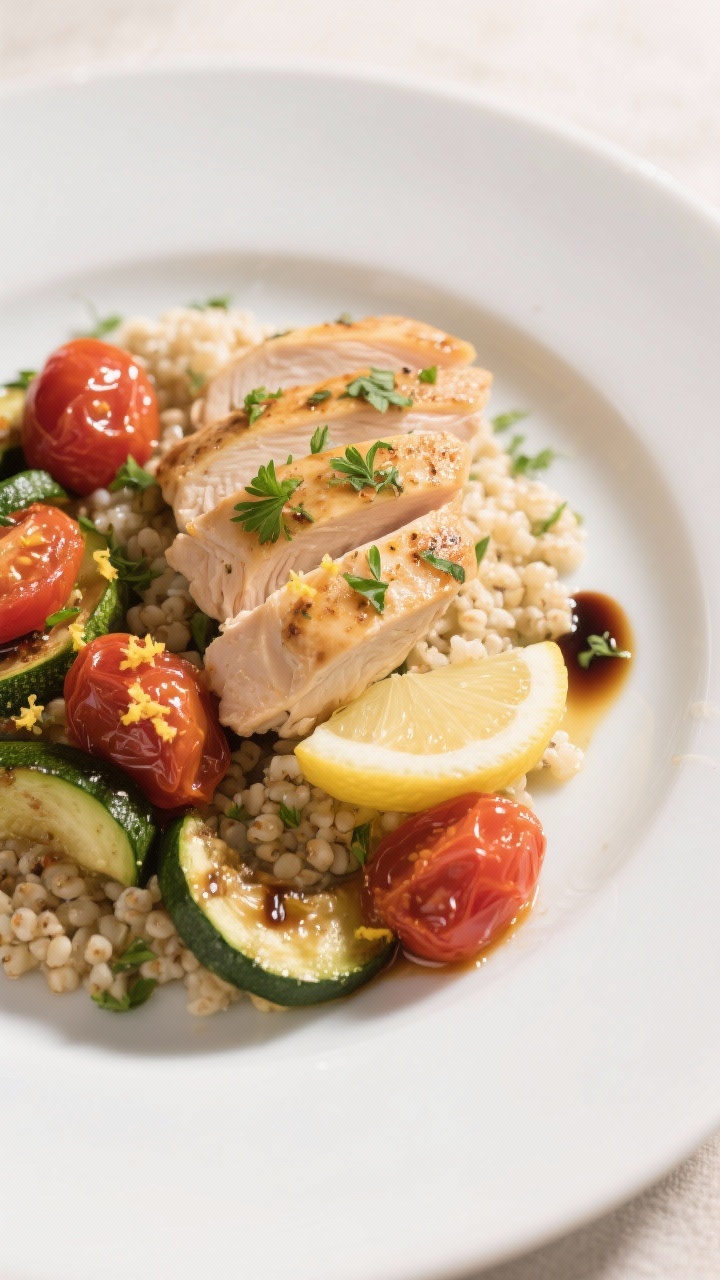 Final dish presentation: Lemon herb chicken with zucchini and tomatoes arranged restaurant-style—s