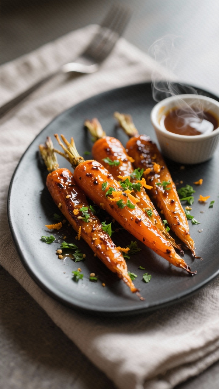 Final dish presentation: Maple-Dijon Roasted Carrots plated on a matte charcoal oval platter, carrot