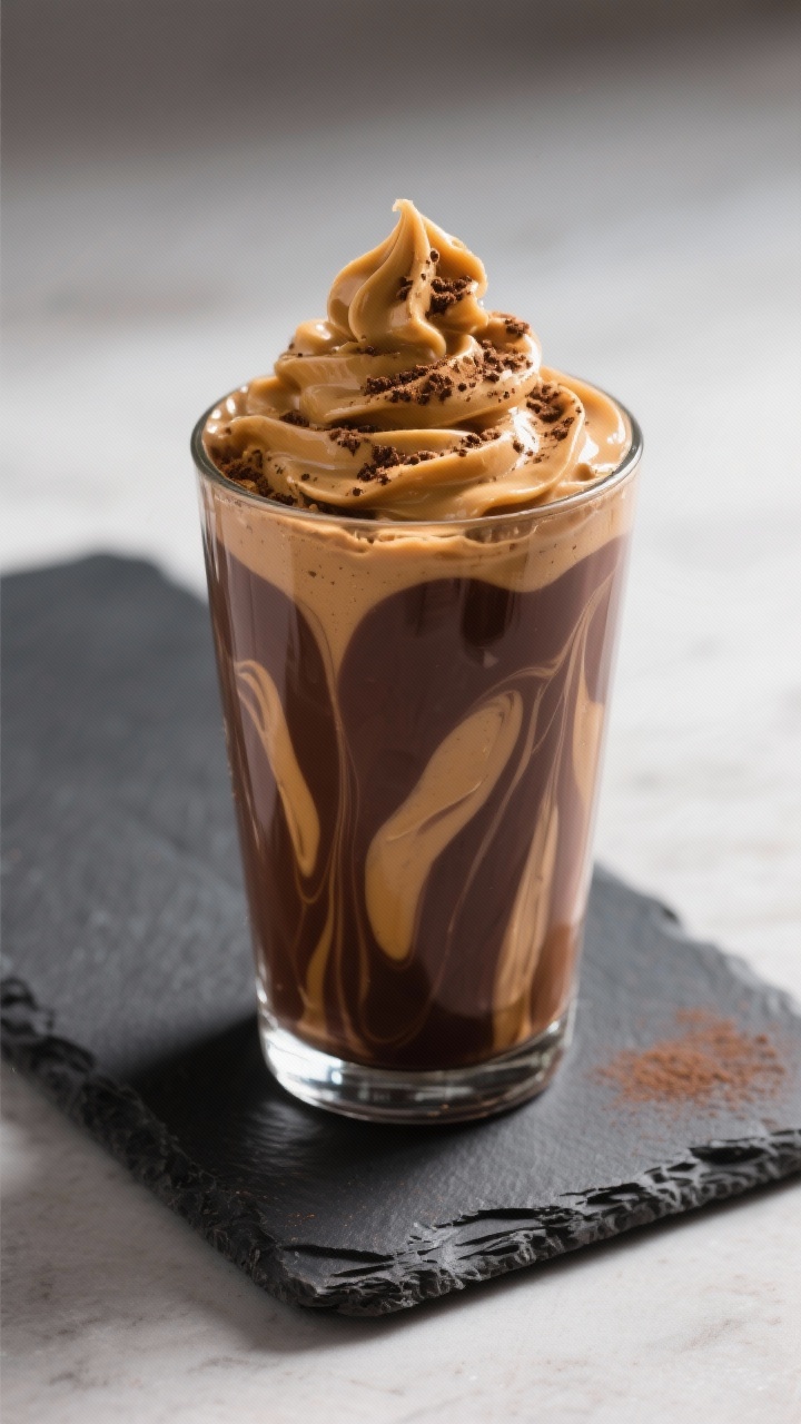 Final dish presentation: Mocha Madness variation served in a tall glass, glossy chocolate-peanut but