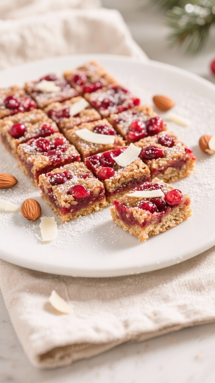 Final dish presentation: Neatly sliced keto cranberry bars (16 squares) on a matte white platter, du