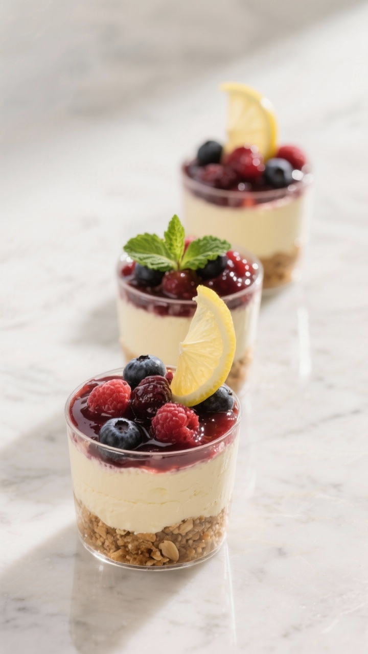 Final dish presentation: No-Bake Cheesecake Cups layered in small glass tumblers—coarse almond-dat