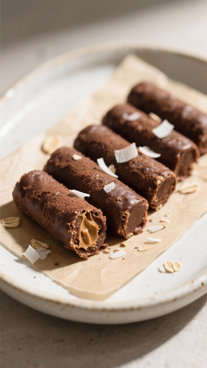 Final dish presentation: No-bake oat cocoa bites, neatly rolled and set on parchment in a minimalist