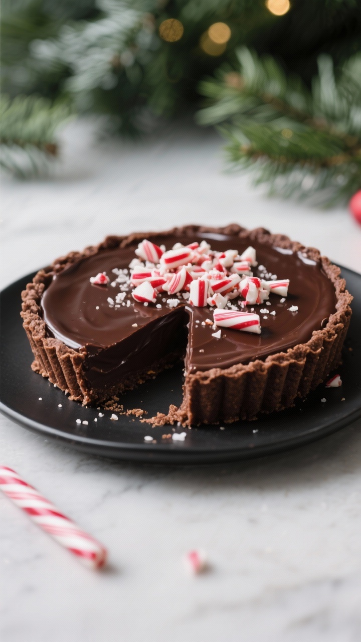 Final dish presentation: No-Bake Peppermint Chocolate Tart—sleek, glossy dark chocolate ganache se