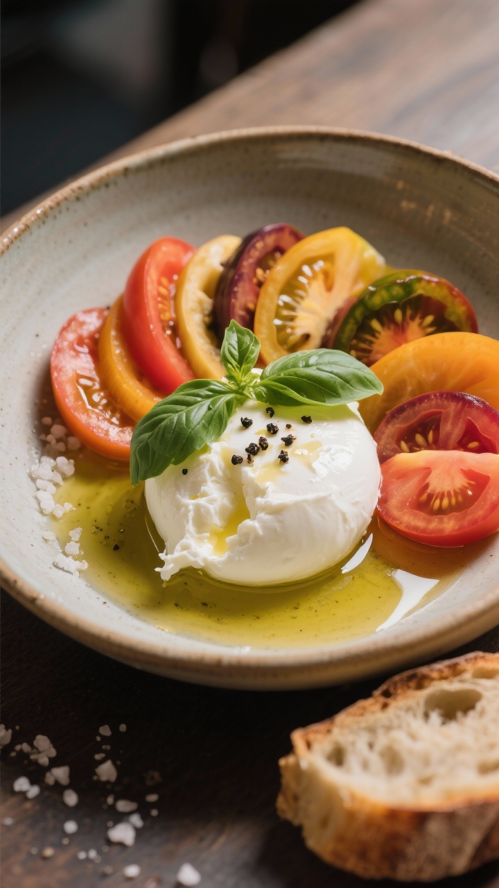 Final dish presentation: No-Cook Heirloom Tomato & Burrata Bowl, beautifully plated fan of multi-col