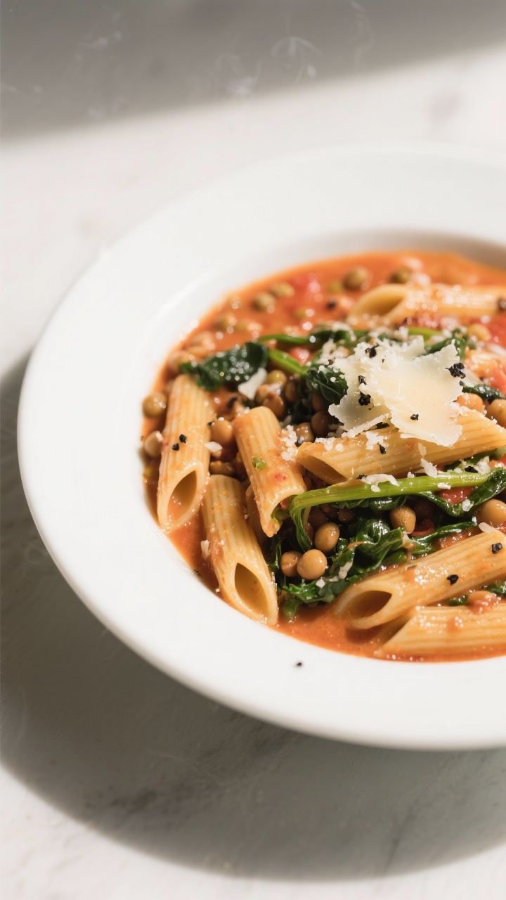 Final dish presentation: One-pot creamy tomato lentil penne, beautifully plated in a shallow white b
