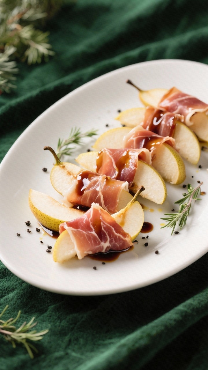 Final dish presentation: Prosciutto-wrapped pear wedges arranged in a loose fan on a matte white ova