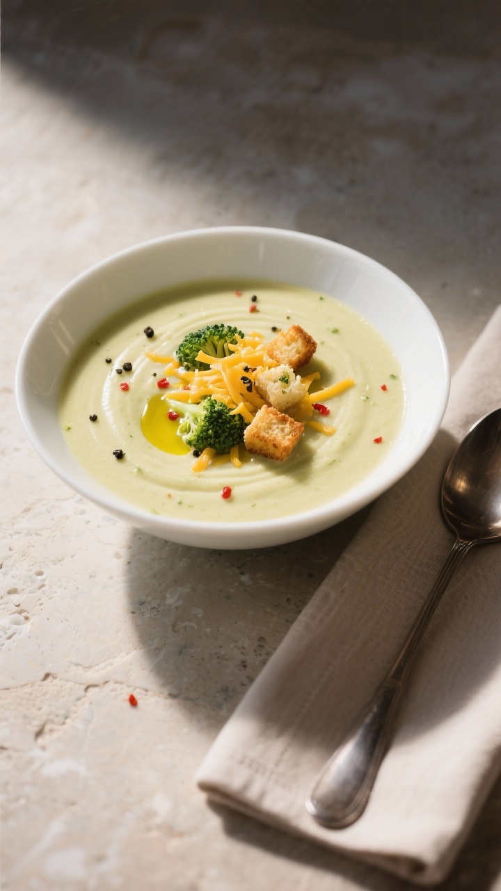 Final dish presentation: Restaurant-quality bowl of broccoli cheddar soup served in a wide, white co