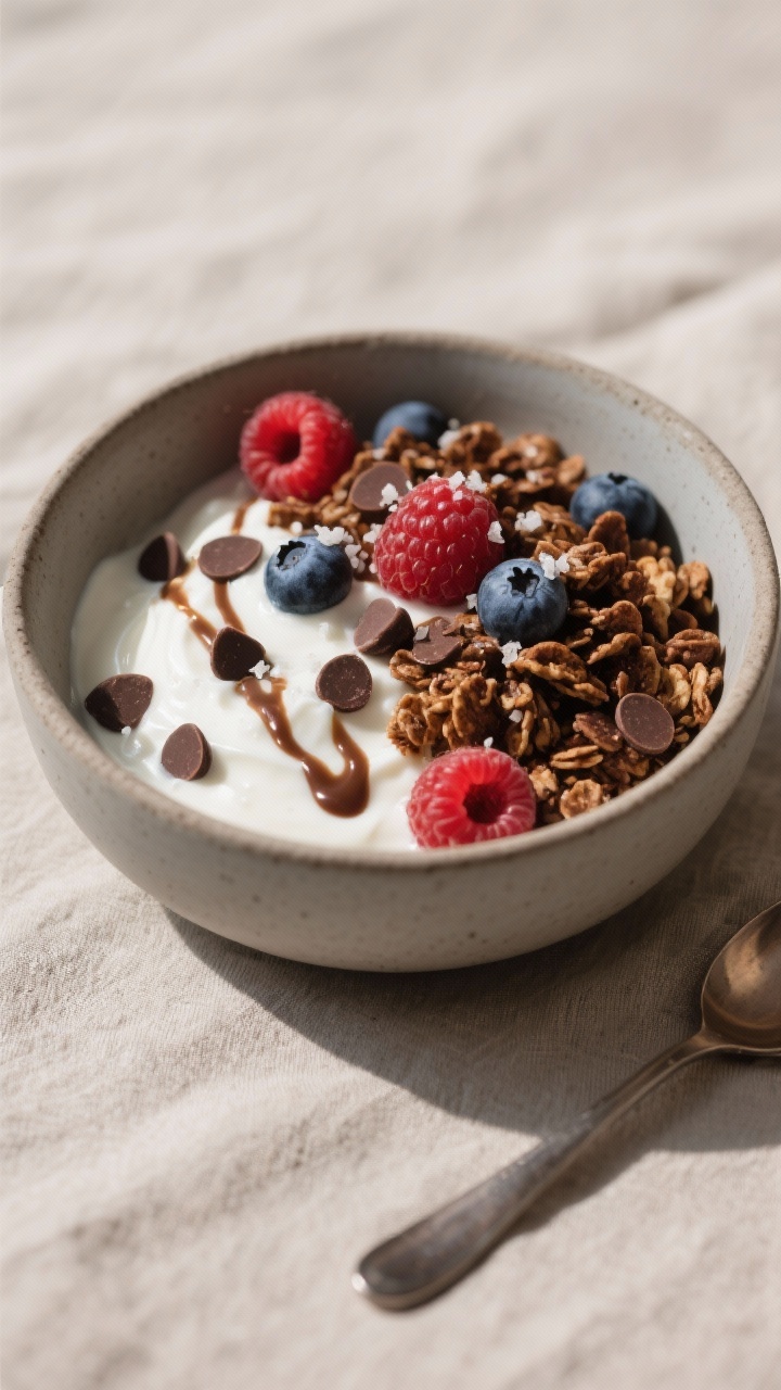 Final dish presentation: Restaurant-quality bowl of sugar-free chocolate granola served over thick G