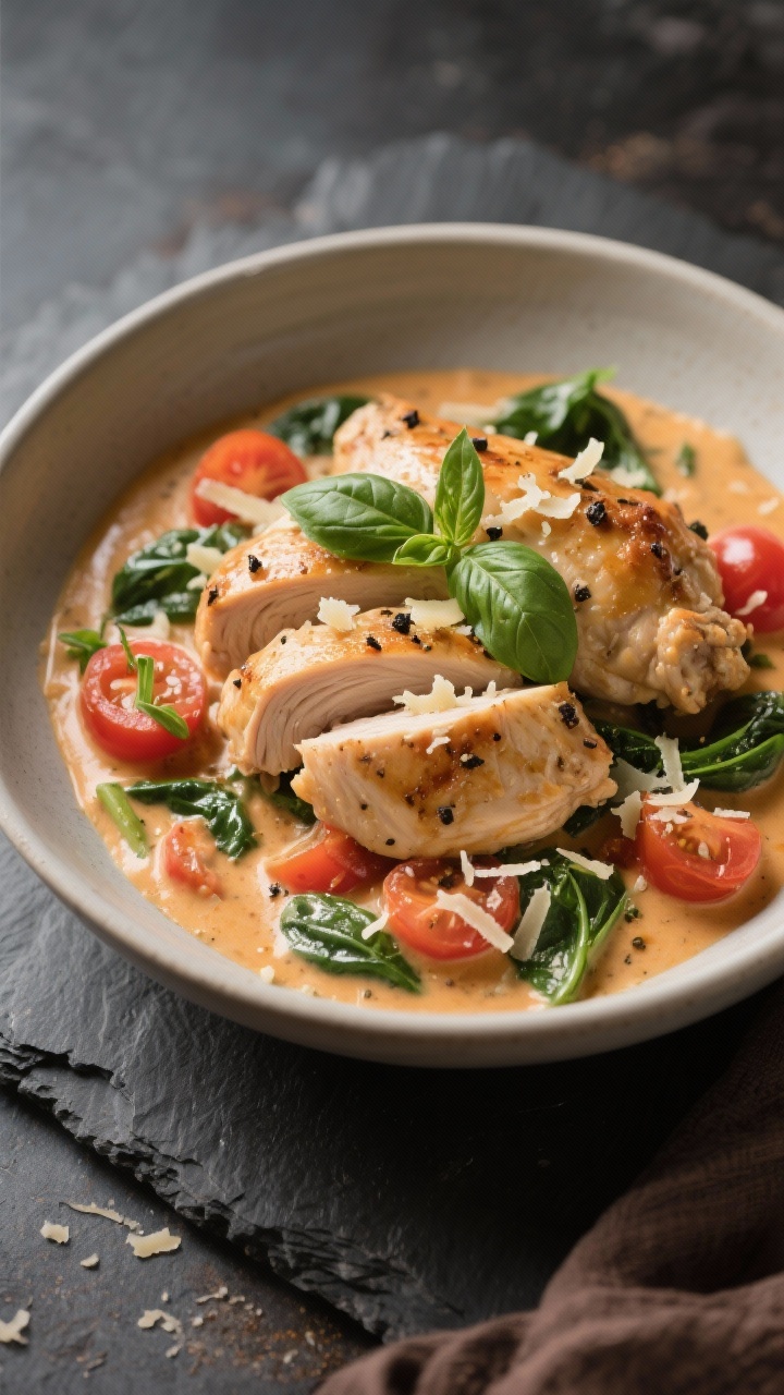 Final dish presentation: Restaurant-quality bowl of the Creamy Tuscan Chicken plated—two sliced ch