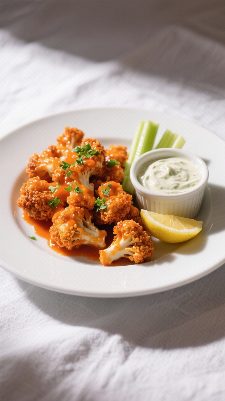 Final dish presentation: Restaurant-quality plate of Buffalo-style crispy cauliflower bites glossed 