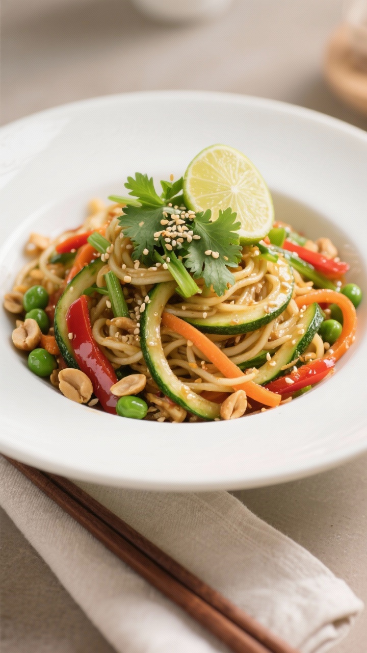 Final dish presentation: Restaurant-quality plate of zucchini noodle stir fry twirled high in a shal