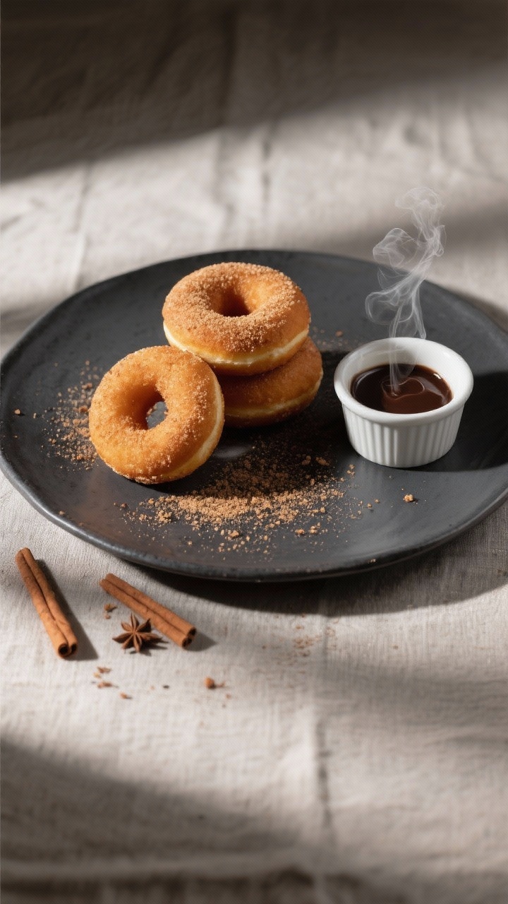 Final dish presentation: Restaurant-quality plate of three cinnamon sugar donuts stacked slightly as