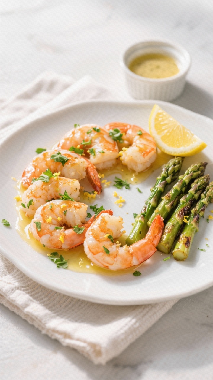 Final dish presentation: Restaurant-quality plate of lemon-garlic herb air fryer shrimp arranged in 