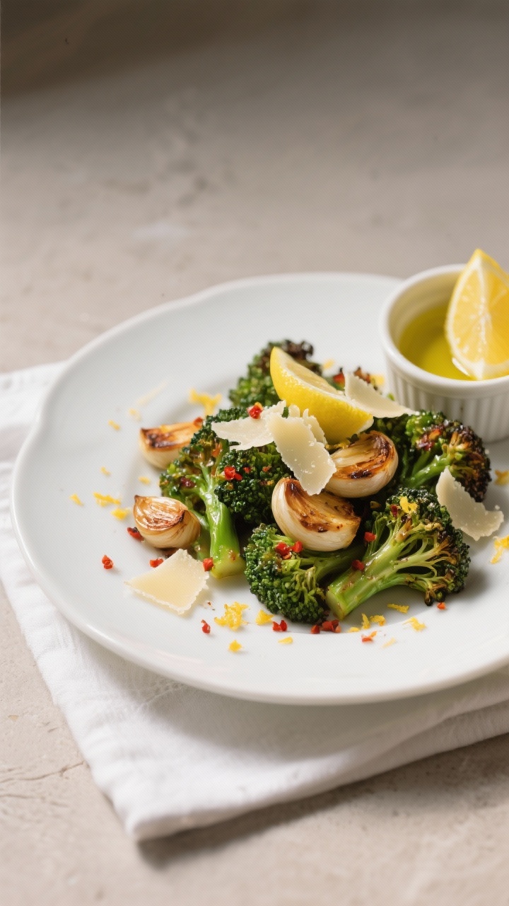 Final dish presentation: Restaurant-quality plate of garlic roasted broccoli finished bold with lemo