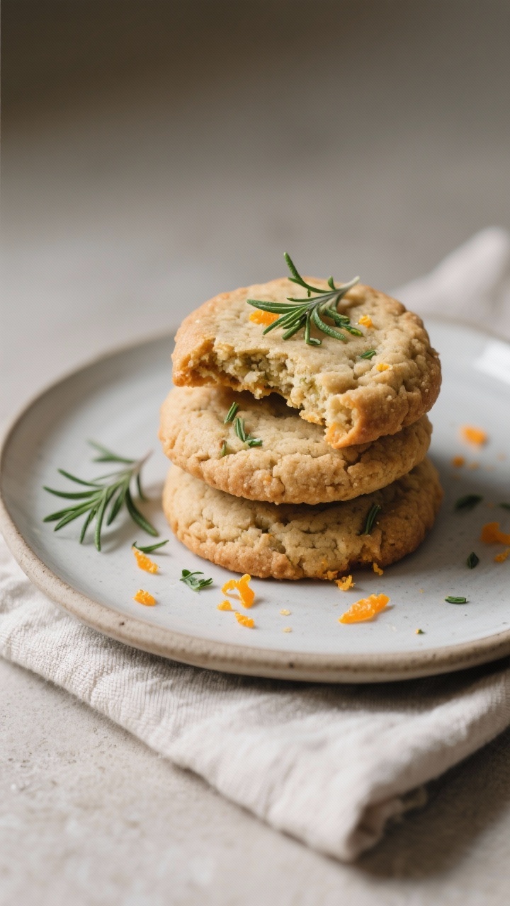 Final dish presentation: Restaurant-quality plate of three gluten-free rosemary orange cookies stack