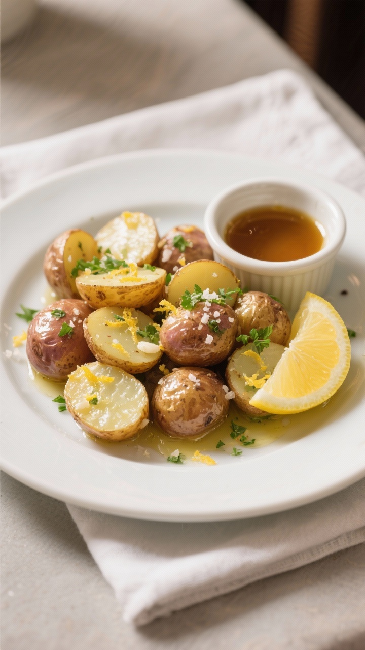 Final dish presentation: Restaurant-quality plate of Garlic-Herb Toss potatoes—glossy, halved baby