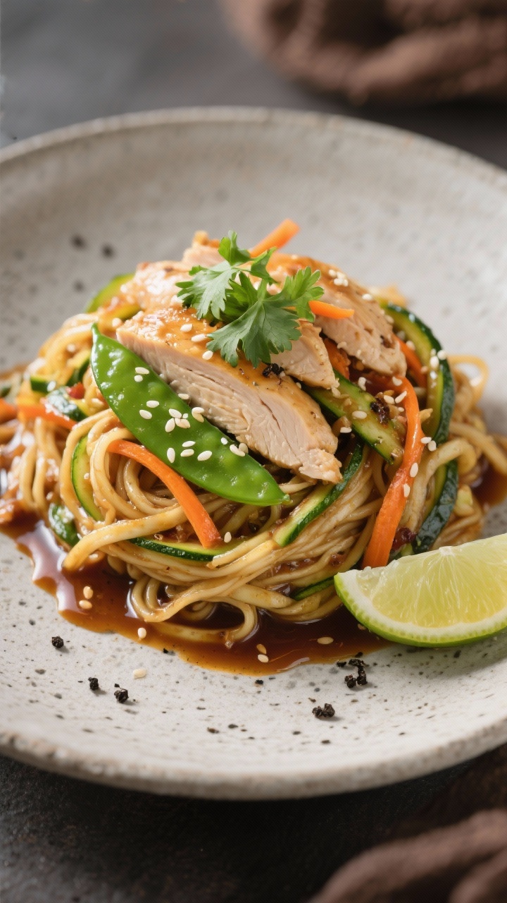 Final dish presentation: Restaurant-quality plate of chicken zucchini noodle stir fry twirled into a