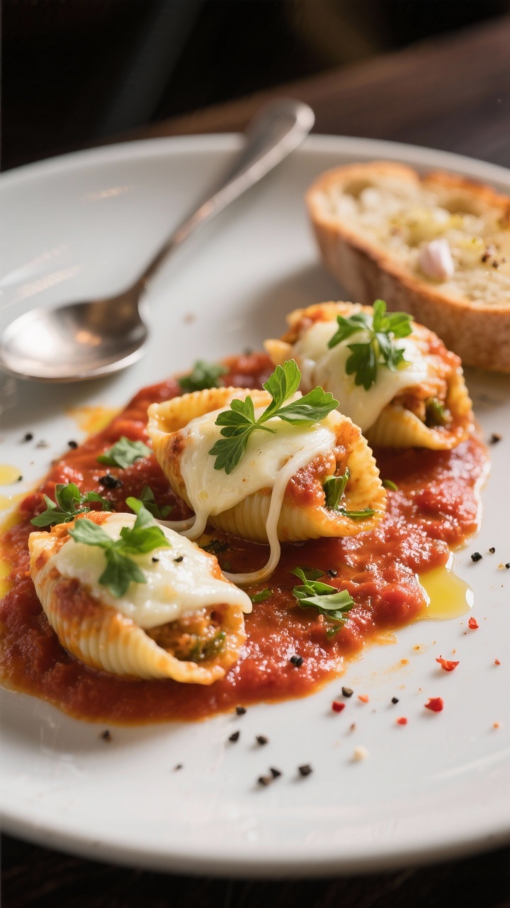Final dish presentation: Restaurant-quality plated serving of three stuffed shells on a matte white 