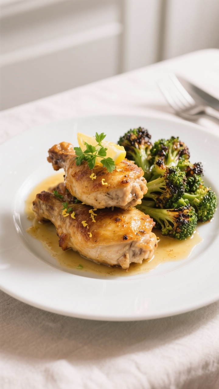 Final dish presentation: Restaurant-quality plated meal—two golden, roasted chicken thighs stacked