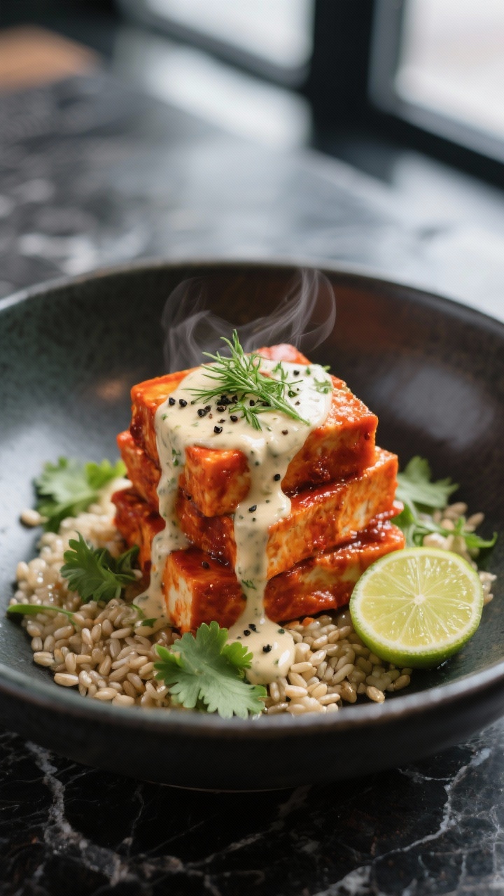Final dish presentation: Restaurant-quality plated bowl on a dark stone surface—Buffalo tofu stack