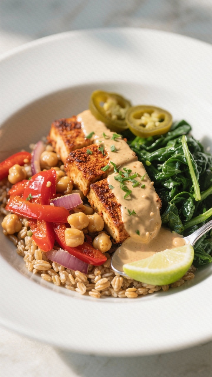 Final dish presentation: Restaurant-quality plated version—farro-based bowl with neat sections: cu