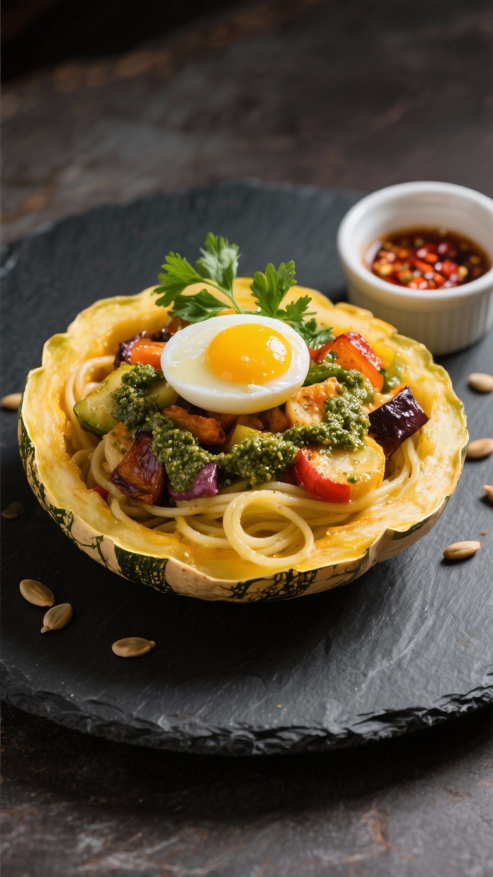 Final dish presentation: Restaurant-quality plated Spaghetti Squash Veggie Bowl with Mediterranean f