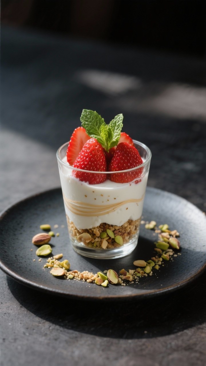 Final dish presentation: Restaurant-quality plated dessert—single-serving glass of the strawberry-