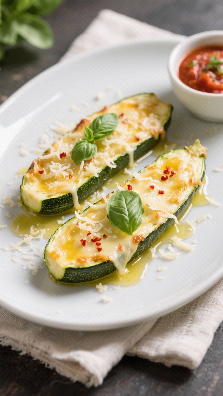 Final dish presentation: Restaurant-quality plating of two finished low-carb zucchini boats on a mat