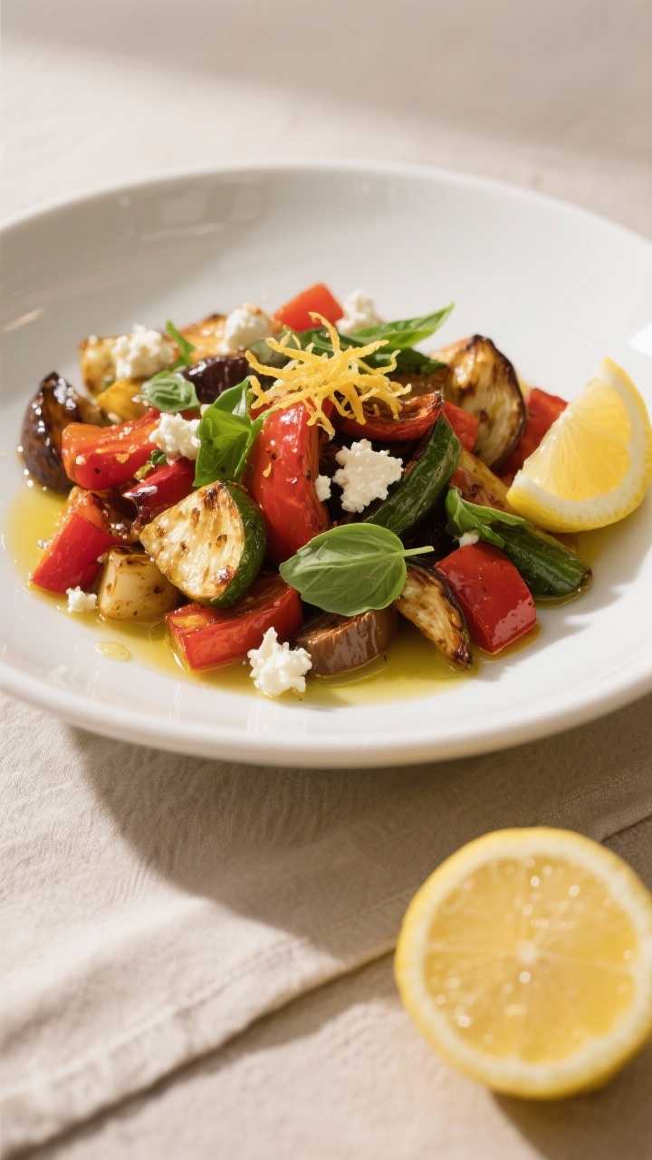 Final dish presentation: Restaurant-quality plating of the Oven-Roasted Veggie Medley in a wide shal