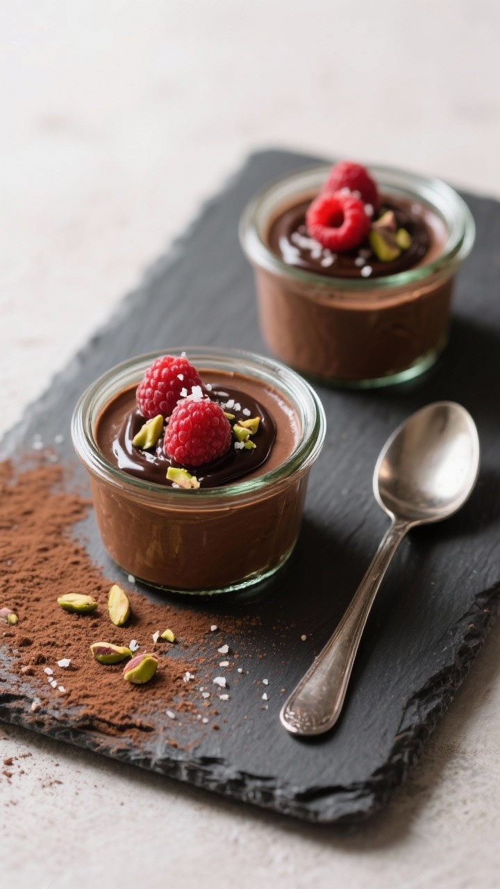 Final dish presentation: Restaurant-quality plating of chilled vegan chocolate pudding set in two sm