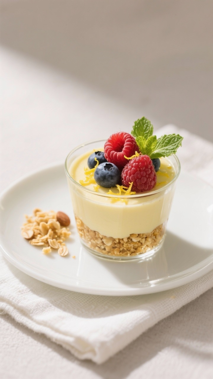 Final dish presentation: Restaurant-quality plating of Low-Calorie Vegan Lemon Dessert Cups served i