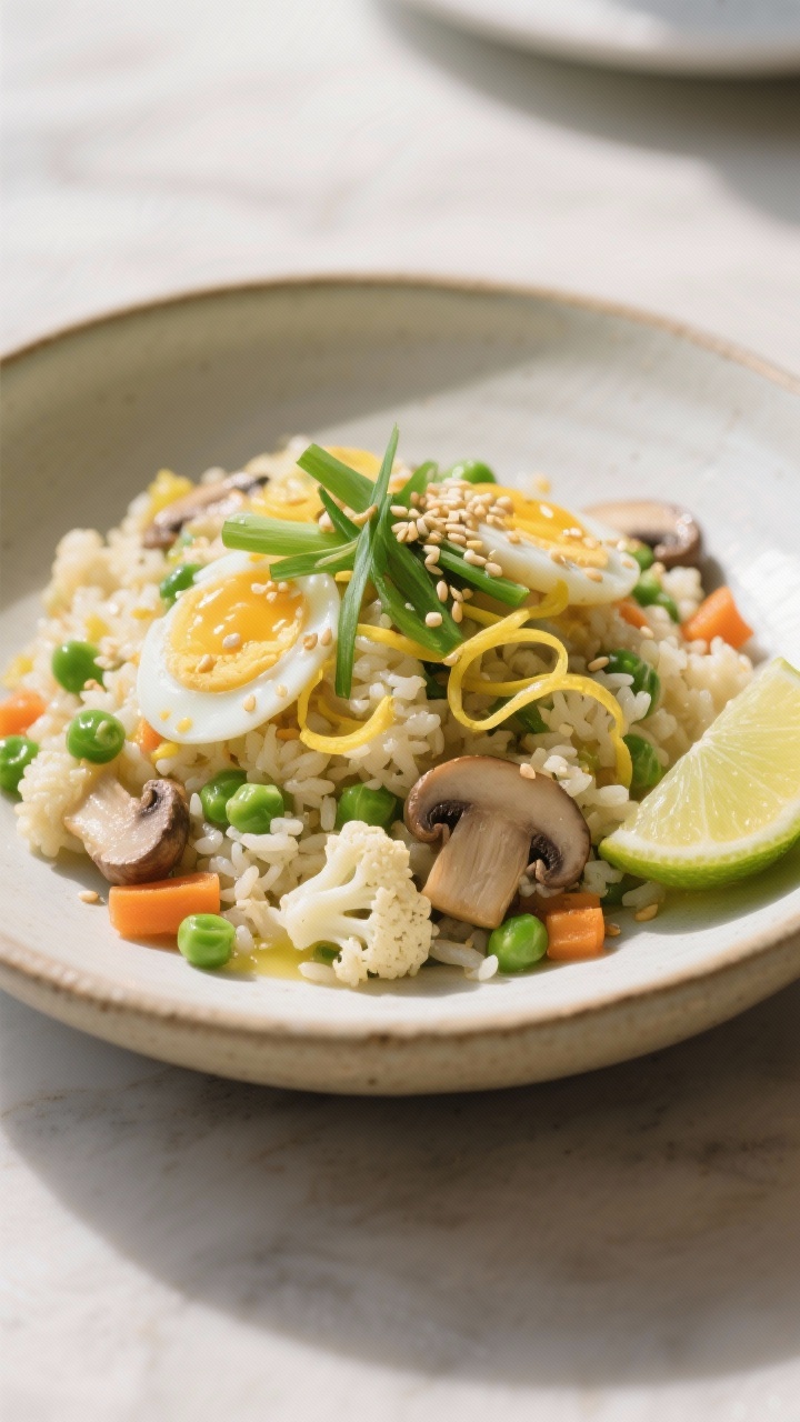 Final dish presentation: Restaurant-quality plating of low-cal cauliflower fried rice in a wide, sha