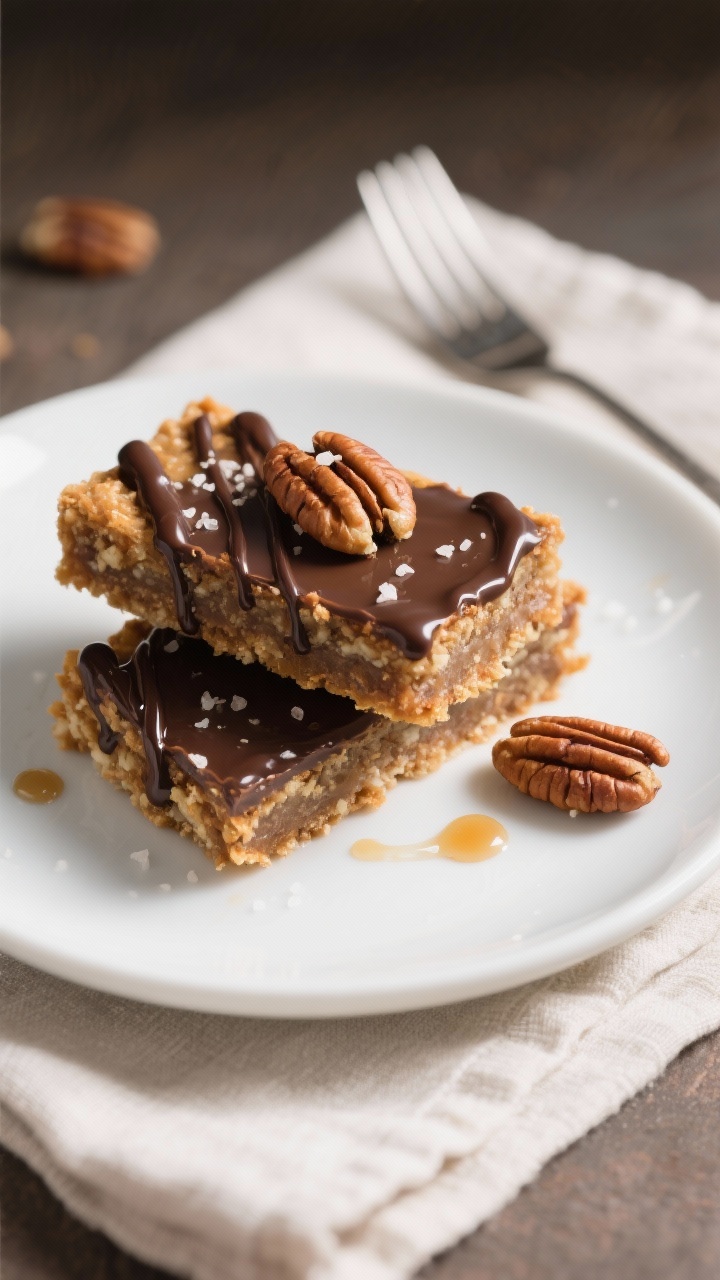 Final dish presentation: Restaurant-quality plating of two Keto Pecan Pie Bars stacked slightly offs